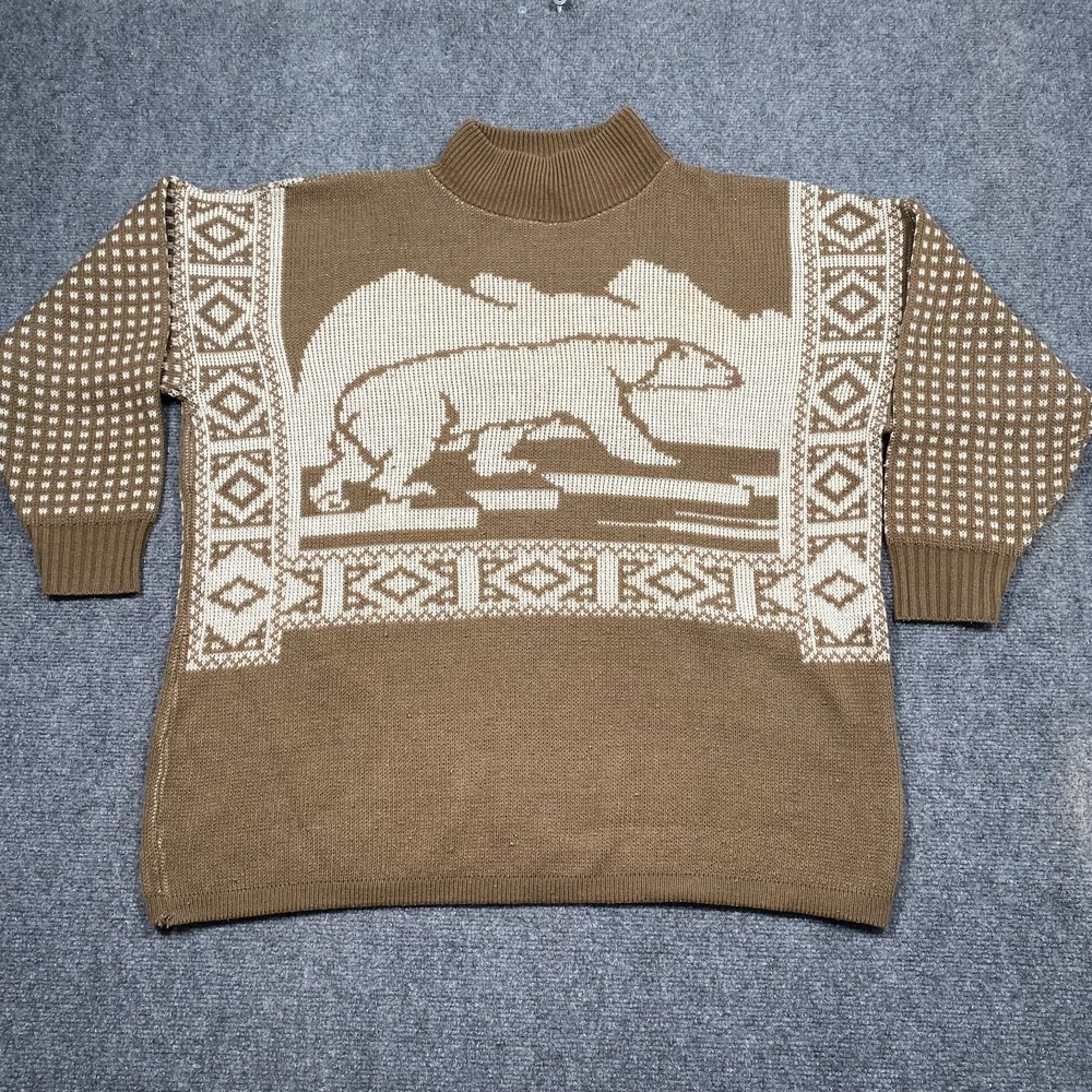 Dressy Tessy 1987 USA Made Brown &‎ Cream Polar Bear Fair Isle Knit Sweater M